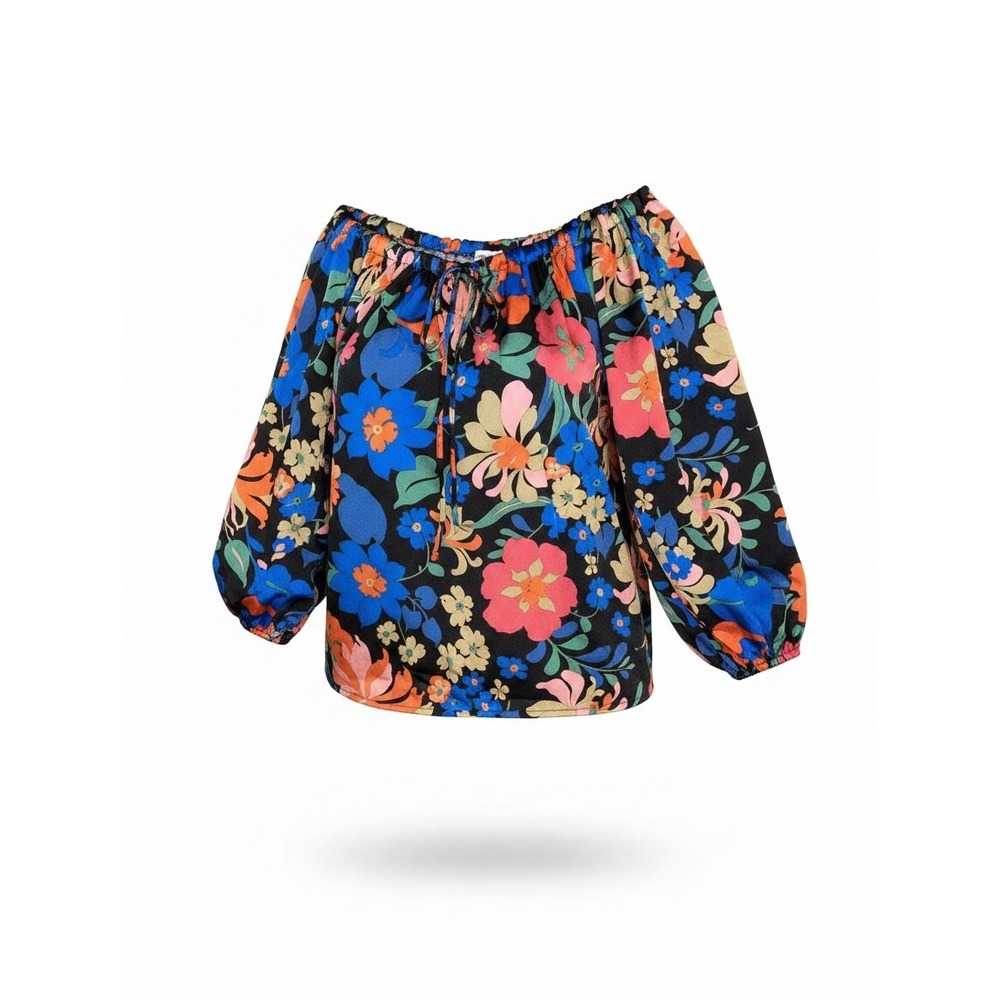 Ee:some Floral Off the Shoulder Peasant Blouse Black Multi Color Medium